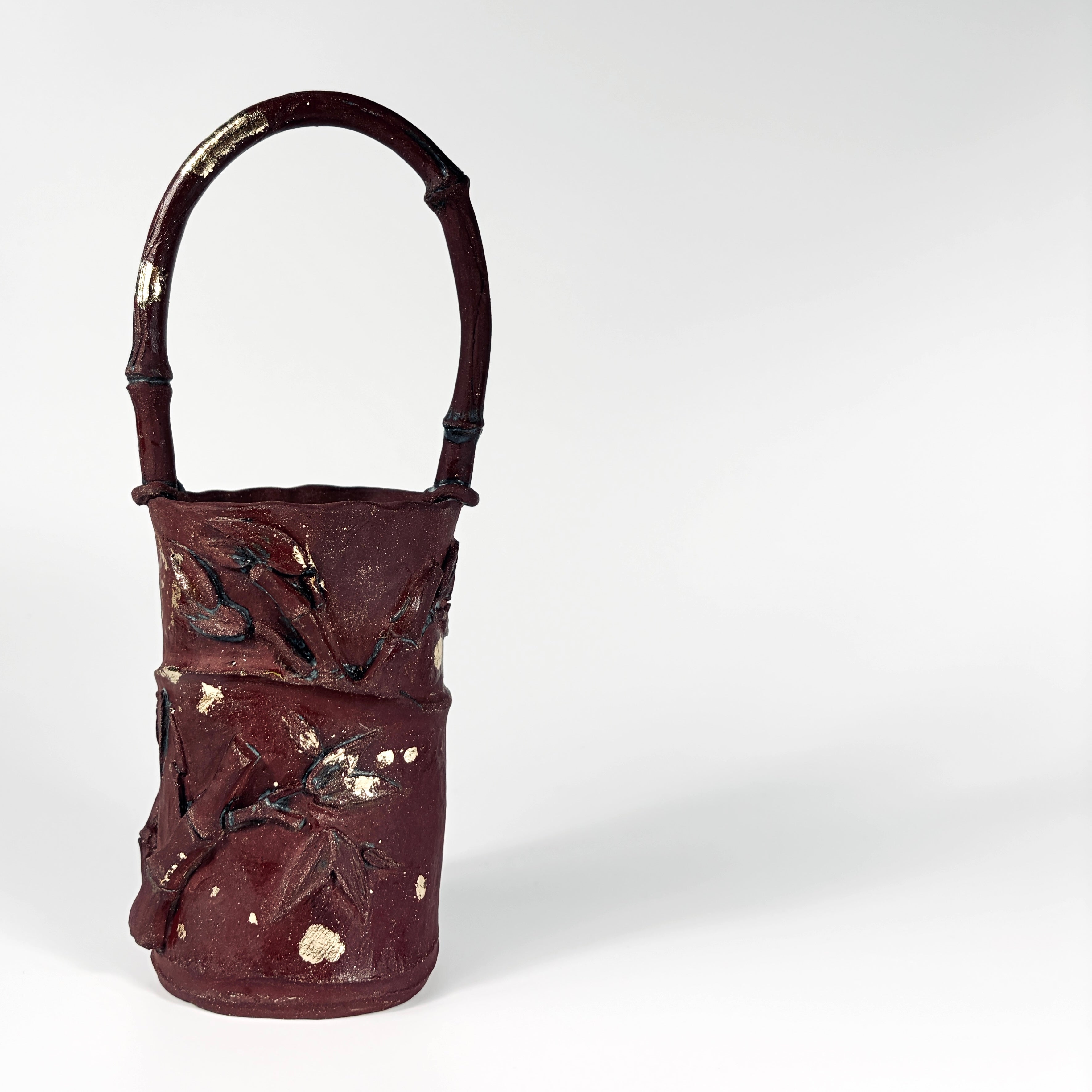 Handcrafted Red Stoneware Bamboo Vessel