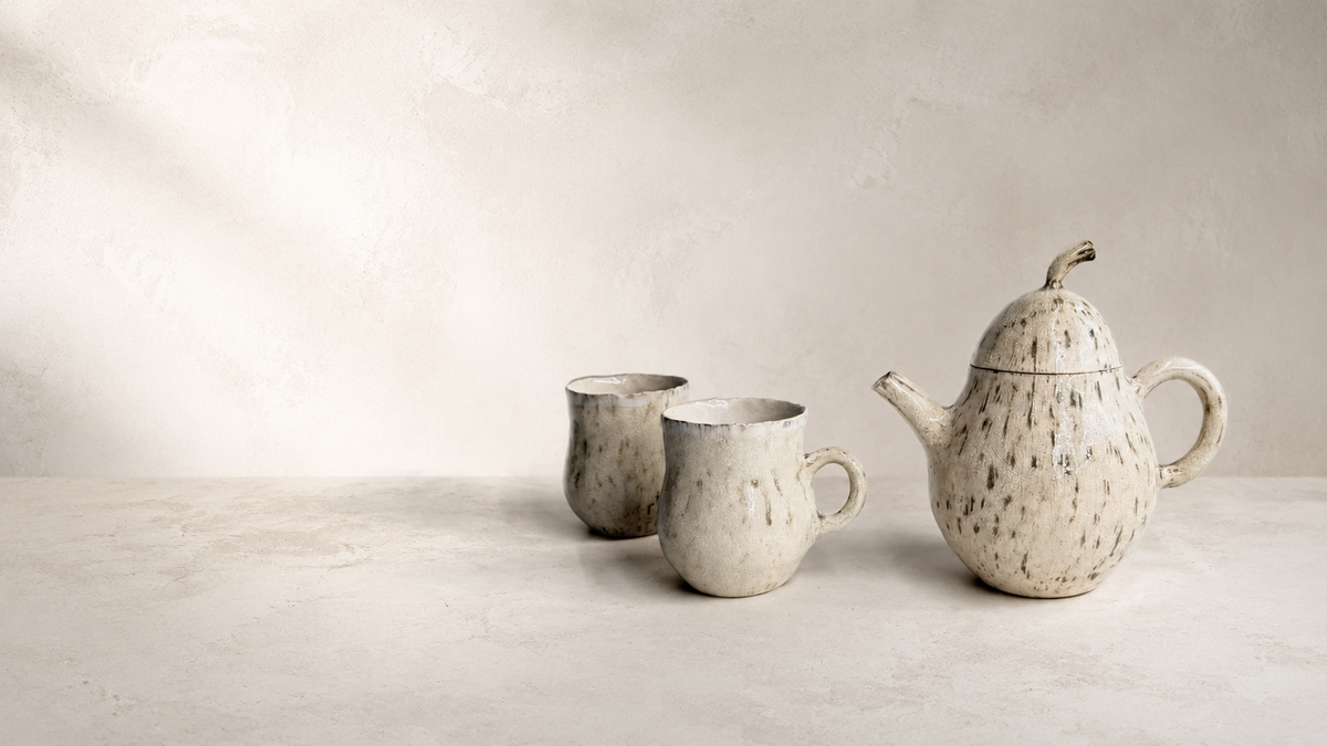 Hand-built pear teapot with two ceramic cups